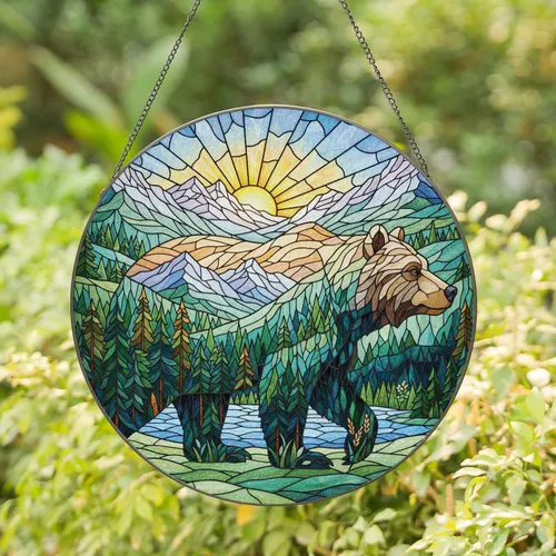 Grizzly Bear Mountain Forest Sun Wildlife Scene - Wildlife Lover Home Decor Gift Stained Glass Suncatcher
