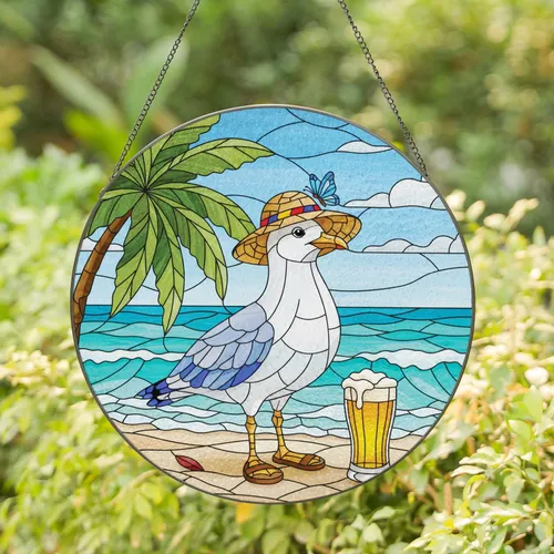 Seagull Straw Hat Golden Beer Beach Scene - Home Decor Gift for Beach Lovers Stained Glass Suncatcher