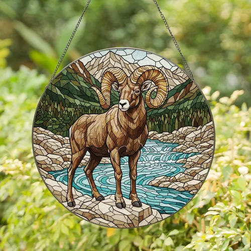 Majestic Bighorn Ram Rocky Mountain River Landscape - Wildlife Home Decor Gift for Ram Lover Stained Glass Suncatcher