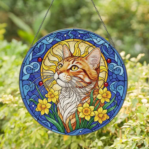 Orange Tabby Cat Daffodils Celestial Mosaic - Cat Lover Home Decor Gift Stained Glass Suncatcher