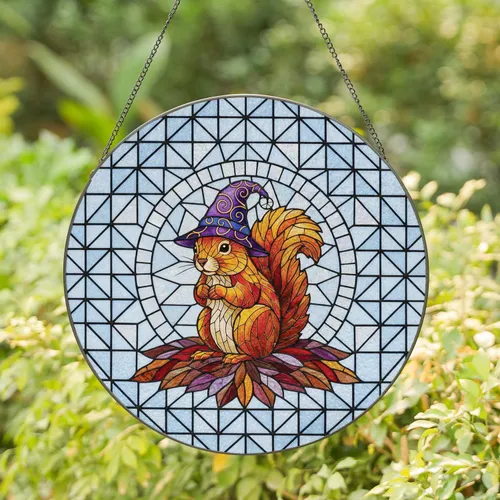 Alert Squirrel Swirling Wizard Hat - Fantasy Home Decor Gift for Wildlife Lover Stained Glass Suncatcher