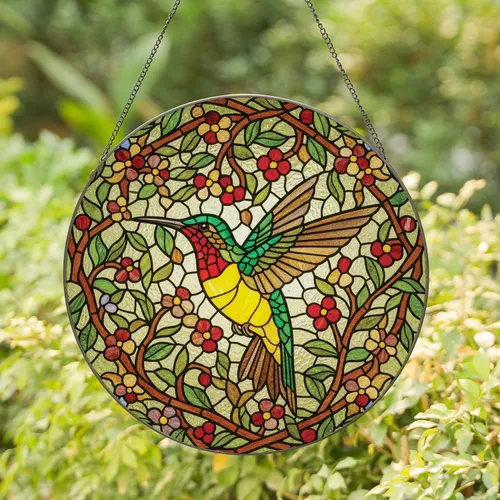 Hummingbird Leafy Floral - Home Decor Gift for Wildlife Lover Stained Glass Suncatcher