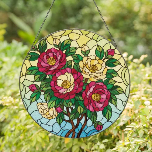 Crimson Fuchsia Camellia Flowers Bouquet - Home Decor Gift for Garden Lover Stained Glass Suncatcher
