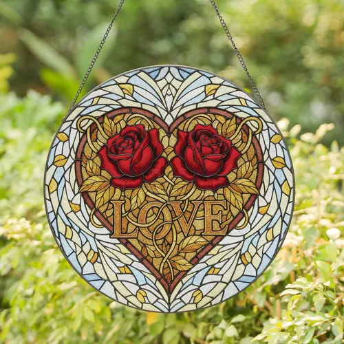 Heart Roses LOVE Word Vine Foliage Organic Shapes - Romantic Home Decor Gift Stained Glass Suncatcher