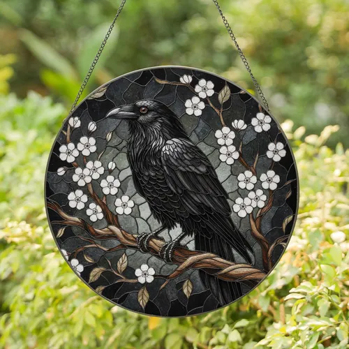 Black Raven Cherry Blossom Gnarled Branch - Wildlife Home Decor Gift for Raven Lover Stained Glass Suncatcher