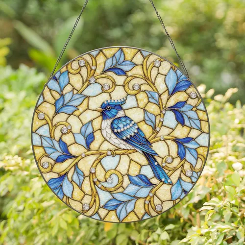 Iridescent Blue Bird Branch Foliage Mosaic - Home Decor Gift for Bird Lovers Stained Glass Suncatcher