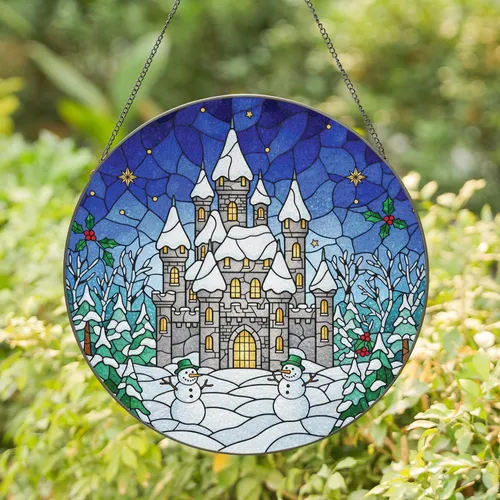 Winter Castle Snowmen Holly Stars - Christmas Holiday Decor Gift Stained Glass Suncatcher