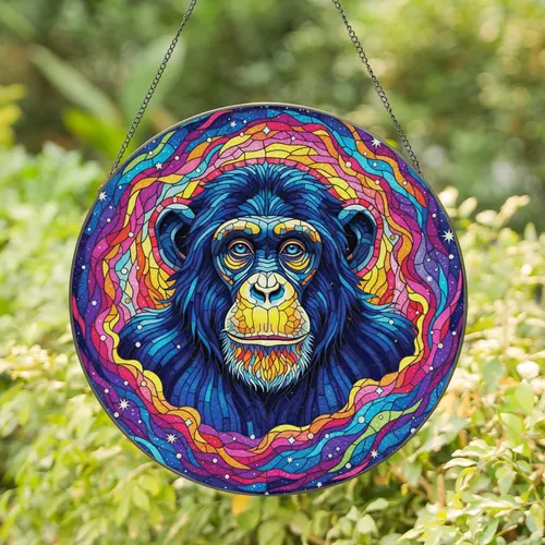 Chimpanzee Portrait Cosmic Nebulae Night Sky - Wildlife Home Decor Gift Stained Glass Suncatcher