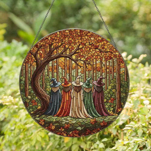 Five Witches Autumnal Forest Gnarled Tree - Home Decor Gift for Witch Lover Stained Glass Suncatcher