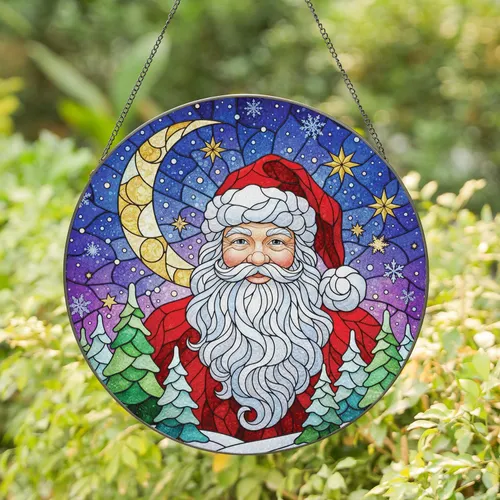 Santa Claus Crescent Moon Frosted Trees - Christmas Holiday Home Decor Stained Glass Suncatcher