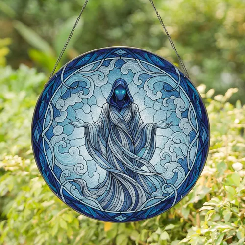 Spectral Figure Ghostly Mist Blue Eyes Organic Branching Forms - Home Decor Gift for Ethereal Decor Lover Stained Glass Suncatcher