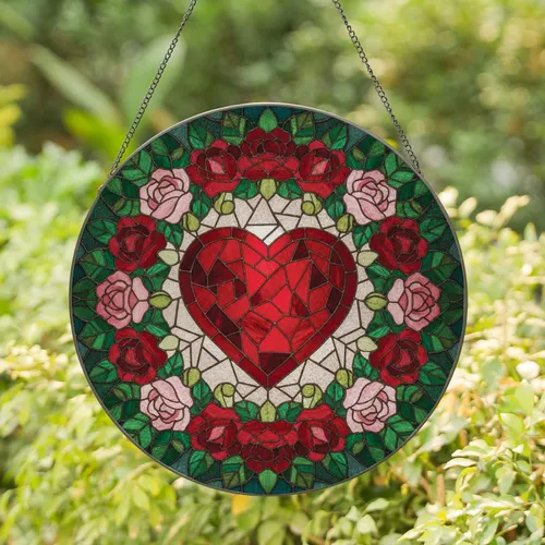 Red Heart Roses Leaves Tendrils Garland - Home Decor Gift Stained Glass Suncatcher