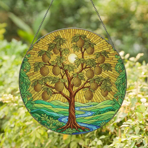 Durian Tree Tropical Landscape Foliage River Sky - Tropical Home Decor Gift Stained Glass Suncatcher