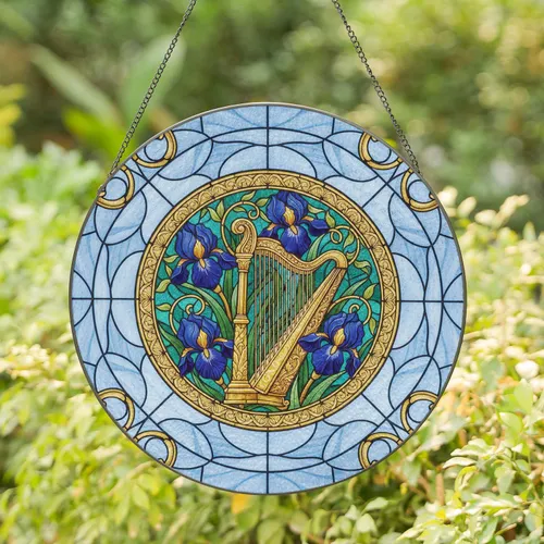 Dark Blue Irises Golden Harp Scrollwork Sky Blue Background - Home Decor Gift Stained Glass Suncatcher