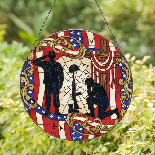 Soldier Rifle Memorial Kneeling Cross American Flag - Veterans Day Gift for Military Families Stained Glass Suncatcher