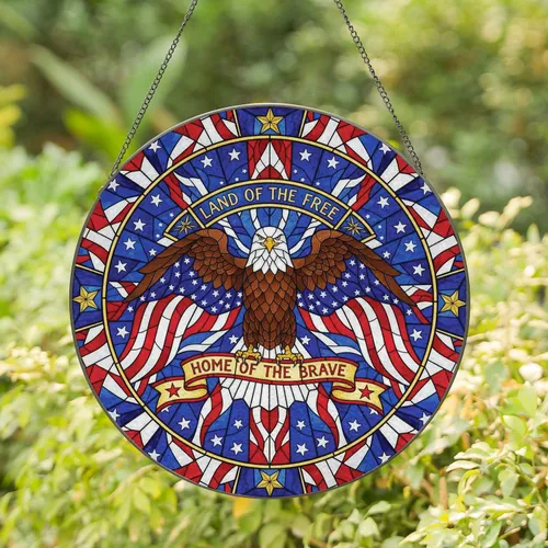 Bald Eagle American Flag - Land of the Free Home of the Brave Independence Day Gift Stained Glass Suncatcher