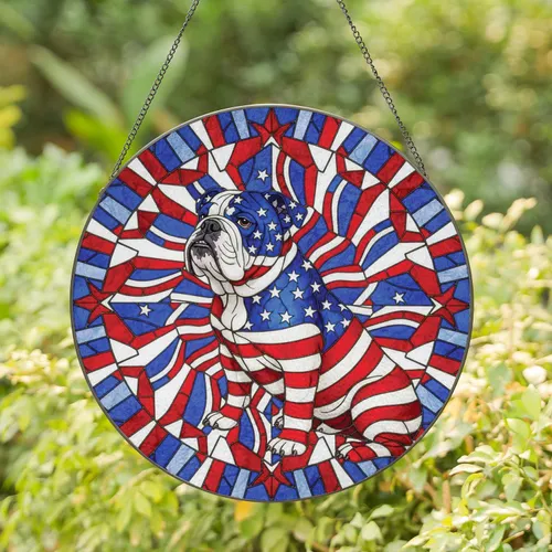 English Bulldog American Flag Patriotic Stars - Independence Day Window Decor Gift Stained Glass Suncatcher
