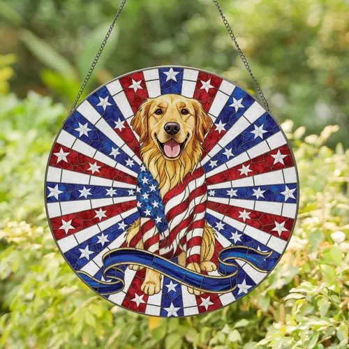 Golden Retriever American Flag - Independence Day Home Decor Gift Stained Glass Suncatcher