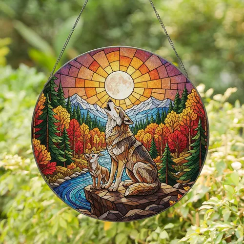 Howling Wolf Pup Full Moon Forest River Mountain - Wildlife Lover Home Decor Gift Stained Glass Suncatcher