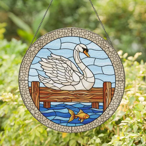 White Swan Goldfish Pier Scene Deep Blue Water Sky - Home Decor Gift for Wildlife Lovers Stained Glass Suncatcher
