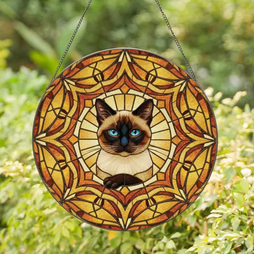 Siamese Cat Bust Pet Portrait Crossed Paws Circular Frame Square - Home Decor Gift for Cat Lover Stained Glass Suncatcher