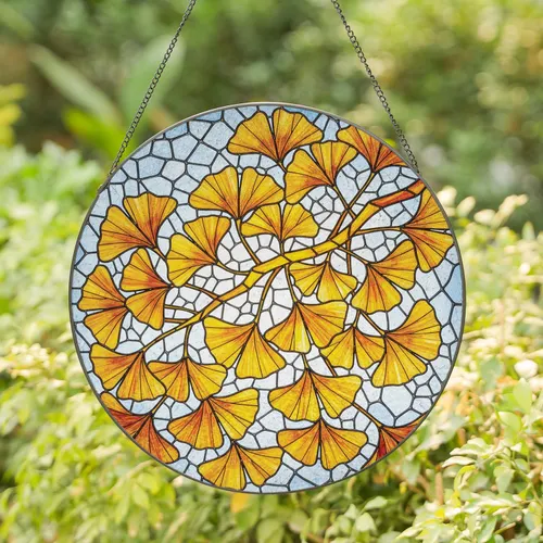 Sprawling Ginkgo Leaves Branch Golden Orange Pale Blue Square Window Decor Gift Stained Glass Suncatcher