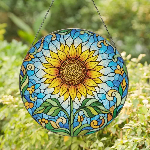 Fully Bloomed Sunflower Radiating Swirls - Home Decor Gift for Flower Lover Stained Glass Suncatcher