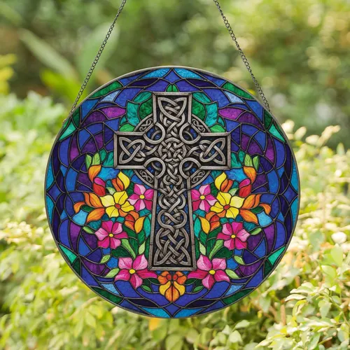 Majestic Celtic Cross Knotwork Floral Swirls - Spiritual Home Decor Gift Stained Glass Suncatcher
