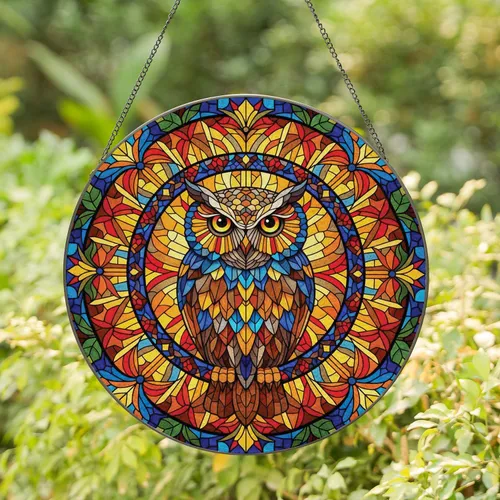 Majestic Owl Circular Stained Glass - Wildlife Home Decor Gift for Bird Lovers Stained Glass Suncatcher