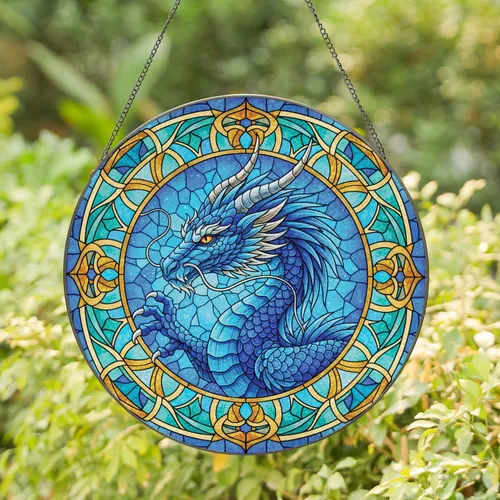 Stained Glass Blue Dragon Geometric Panels Blue Sky - Home Decor Gift for Dragon Lover Stained Glass Suncatcher