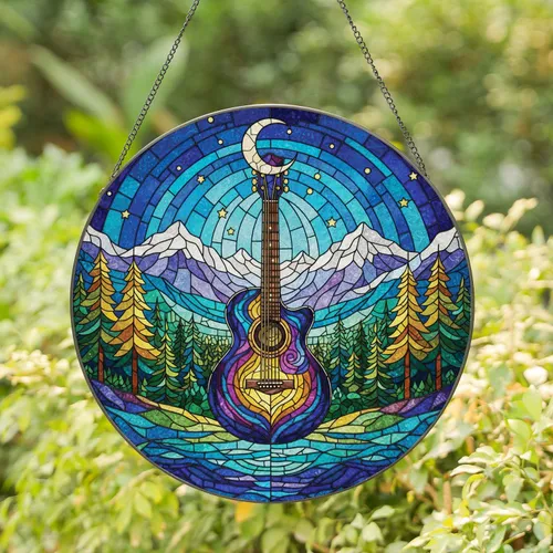 Guitar Crescent Moon Mountain Pine Stars - Home Decor Gift for Music Lover Stained Glass Suncatcher