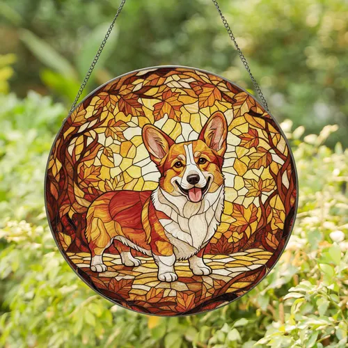 Pembroke Welsh Corgi Autumn Leaves Scene - Dog Lover Home Decor Gift for Corgi Owners Stained Glass Suncatcher