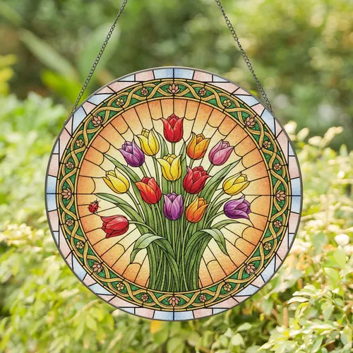 Tulips Bouquet Sunset Sky - Home Decor Gift for Garden Lover Stained Glass Suncatcher