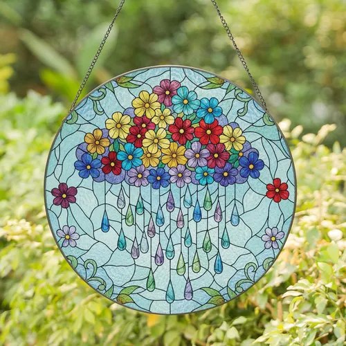 Assorted Blooming Flower Cloud Teardrop Leaves Swirling Sky - Home Decor Gift Stained Glass Suncatcher
