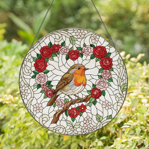 European Robin Heart Rose Floral Wreath - Distinct Home Decor Gift for Bird Lover Stained Glass Suncatcher