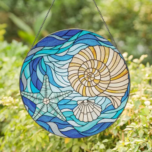 Conch Shell Scallop Starfish Ocean Scene - Home Decor Gift for Beach Decor Stained Glass Suncatcher