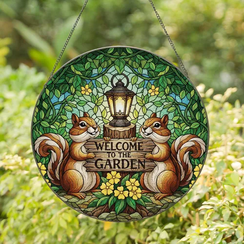Chipmunks Welcome Garden Sign Lantern - Home Decor Gift for Garden Lover Stained Glass Suncatcher