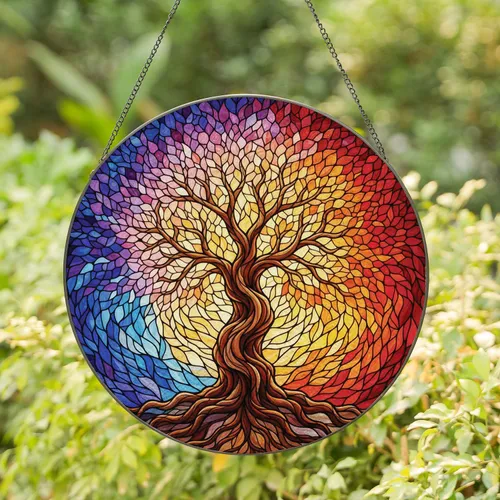 Multicolor Gnarled Tree of Life Intricate Roots Foliage Mosaic - Home Decor Gift Stained Glass Suncatcher