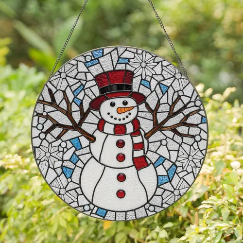 Snowman Red Top Hat Scarf Buttons Winter Branches - Christmas Home Decor Gift Stained Glass Suncatcher