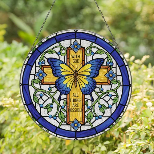 Butterfly Cross With God All Things Are Possible Vines Blossoms - Faith Home Decor Gift Stained Glass Suncatcher