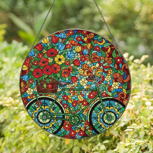 Floral Vintage Bicycle Poppy Anemone Tulip Bouquet - Home Decor Gift for Garden Lover Stained Glass Suncatcher