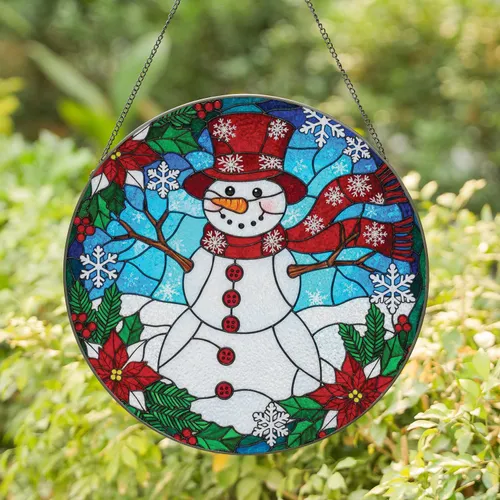 Smiling Snowman Red Top Hat Winter Berries - Christmas Holiday Gift for Host Stained Glass Suncatcher