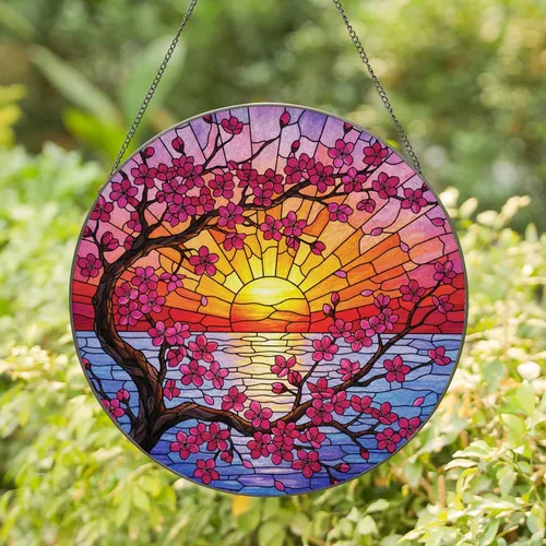 Fuchsia Cherry Blossom Sunset Water - Home Decor Gift for Flower Lovers Stained Glass Suncatcher