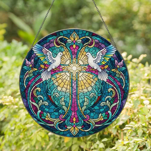 Stained Glass Christian Cross Doves Floral Mosaic - Religious Home Decor Gift Stained Glass Suncatcher