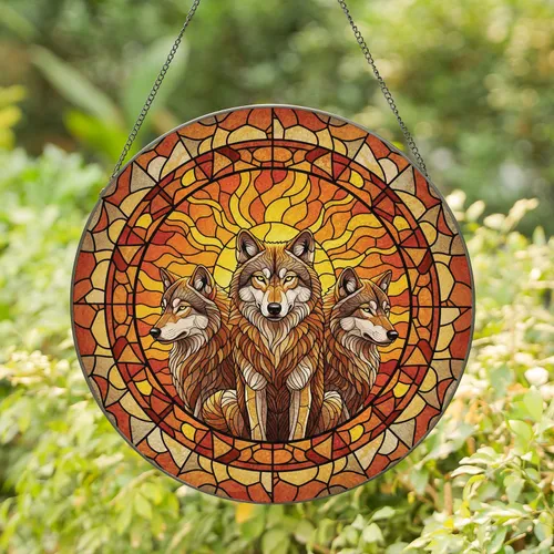 Three Majestic Wolves Sunset Sky - Wildlife Home Decor Gift for Wolf Lovers Stained Glass Suncatcher