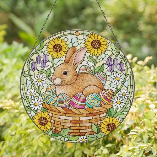 Fluffy Easter Bunny Basket Spring Flowers - Easter Home Decor Gift Stained Glass Suncatcher