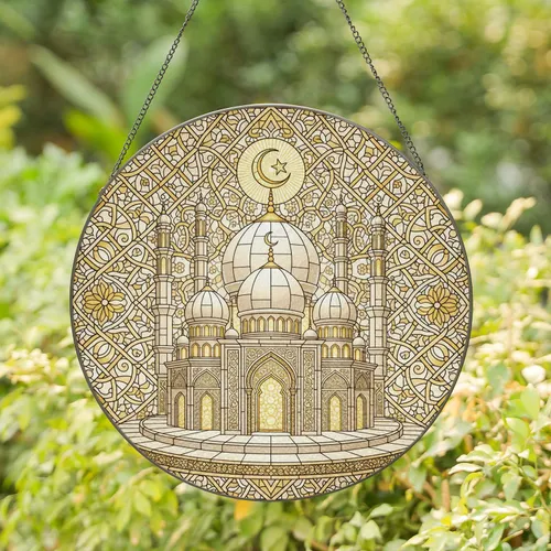 Ornate Stained Glass Mosque Domes Crescent Moon - Islamic Home Decor Gift Stained Glass Suncatcher