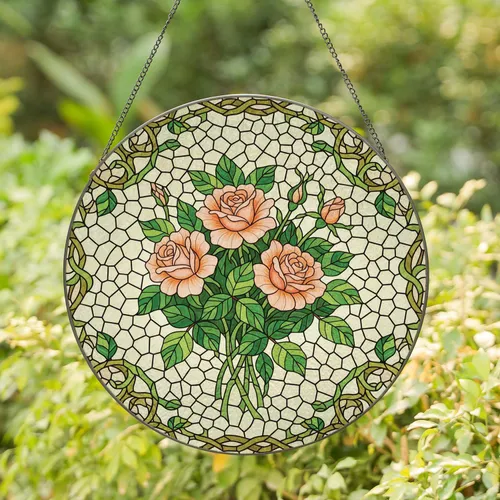 Peach Rose Leaded Glass Mosaic Home Decor Gift for Gardeners Stained Glass Suncatcher