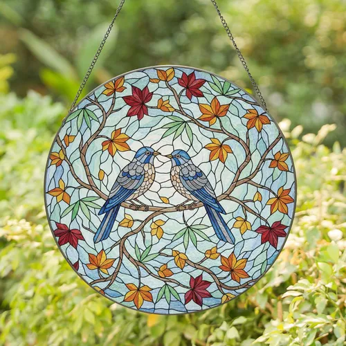 Two Birds Autumn Foliage - Wildlife Lover Home Decor Gift Stained Glass Suncatcher