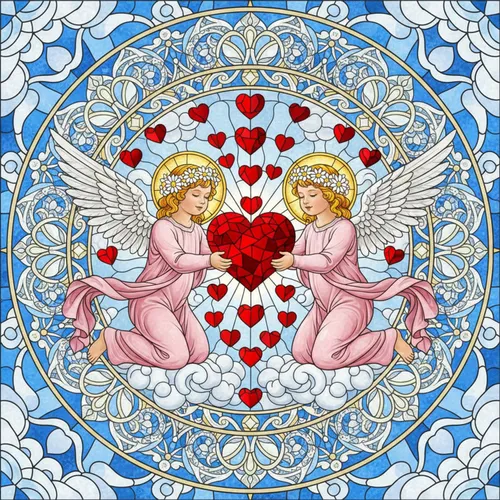 Cherubic Angels Kneeling Holding Red Heart Sky Blue Clouds Floral Border - Home Decor Gift Stained Glass Suncatcher